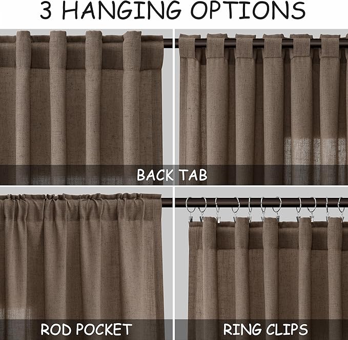 Light Brown Linen Curtains 120 Inch Extra Long for Living Room Back Tab Light Filtering Semi Sheer Drapes Modern Farmhouse Boho Decor Cotton Textured Curtain for Floor to Ceiling High Window 52x120