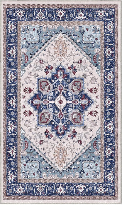 OPPODREAM Soft Area Rugs 3x5, Washable Rugs with Non Slip Backing, Low-Pile Throw 3x5 Carpet, Faux Cashmere 3 x 5 Carpet, Navy Blue & Red & Cream