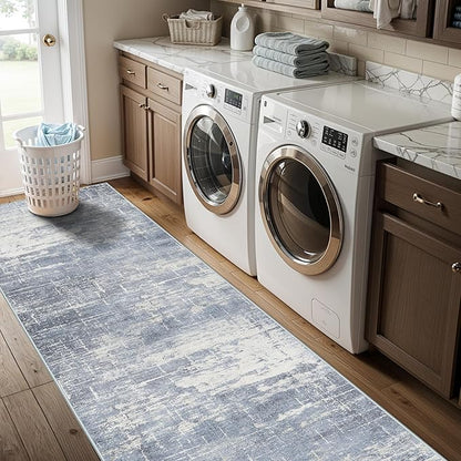Hallway 2x10 Washable Runner Rug: Abstract Kitchen Stove Rugs Low-Pile Stain Resistant Entryway Area Rug Cozy Bedroom Soft Floor Mat Non-Slip Farmhouse Carpet for Bathroom Living Room(2x10,Blue/ivory)