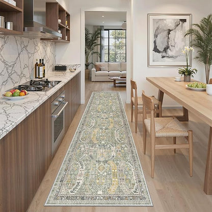 Madane Runner Rug 2x8, Washable Hallway Runner Rugs, Non-Slip Low-Pile Soft Kitchen Rug Runner Laundry Room Rug, Vintage Throw Entry Foyer Mat for Entrance Living Room (Green/Gold, 2 x 8)