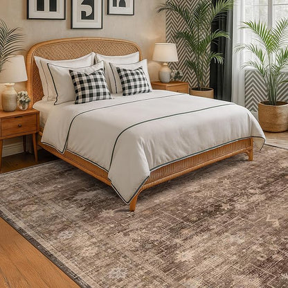 Hazo Haus Boho Brown Living Room Rug 7x9 - Vintage Traditional Eclectic Oriental Neutral Taupe, Washable Low Pile Non-Slip Extra Large Area Rugs for Dining Under Table Bedroom Lounge