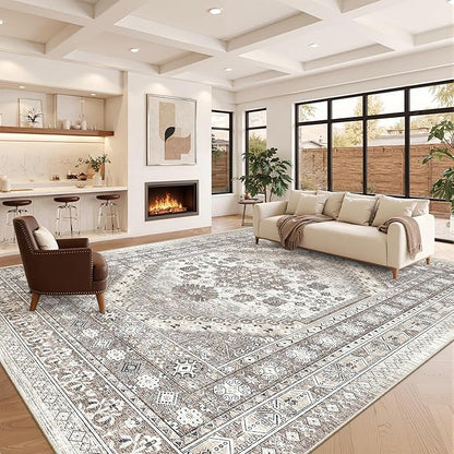 zesthome 10x14 Area Rugs,Stain Resistant Washable Rug,Ultra-Thin Rugs for Living Room,Bedroom,Non-Slip Backing Home Decor Large Area Rug (Brown/Beige,10'x14')