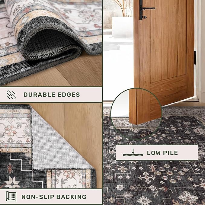 Boho Black Rug for Living Room - Washable 10x12 Area Rug, Dining Room Rugs for Under Table, Soft Low Pile Carpet for Bedroom - Farmhouse Decor, Non-Slip & Stain Resistance