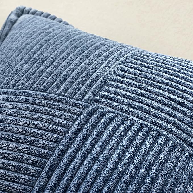 MIULEE Decorative Throw Pillow Covers for Couch Bed Livingroom 18x18 Inch Set of 2 Blue Boho Accent Throw Pllows Broadside Striped Patchwork Soft Corduroy Spring Coastal Pillowcases