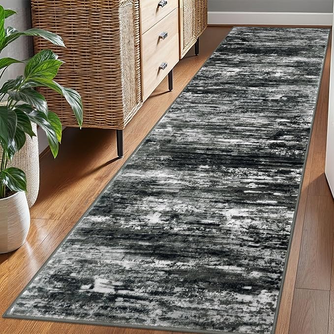 KOZYFLY Modern Abstract Hallway Runner Rug, 2.6x8 Washable Rug Runner Non-Slip Soft Striped Kitchen Runner Rugs, Print Black Grey Carpet Runner for Entryway Bathroom Laundry Room Foyer