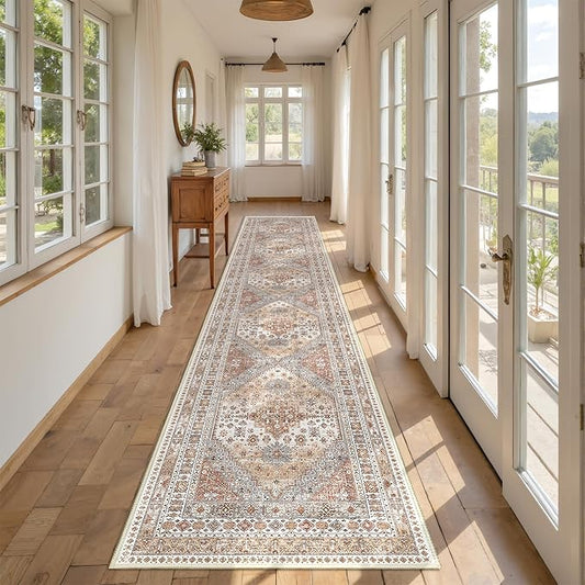 Hallway Runner Rug 2x12, Extra Long Washable Runner Rugs with Rubber Backing, Non Slip Runner, Vintage Rug Runners for Kitchen Laundry Room Entryway (Orange,2'x12')