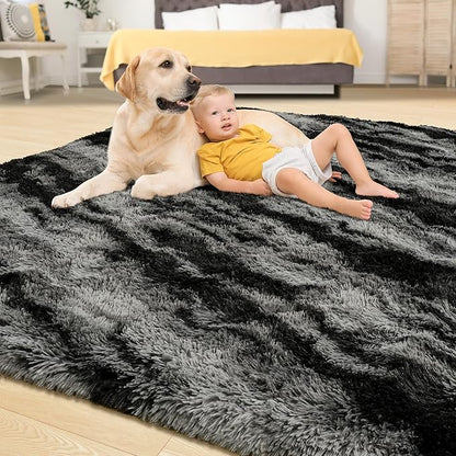 Tepook Fluffy Large Rugs for Living Room, Shag Area Rug 6x9 Soft Carpet for Bedroom, Modern Shaggy Rug for Kids Boys Girls, Plush Indoor Nursery Home Decor Rug with Non-Slip Bottom, Black Grey