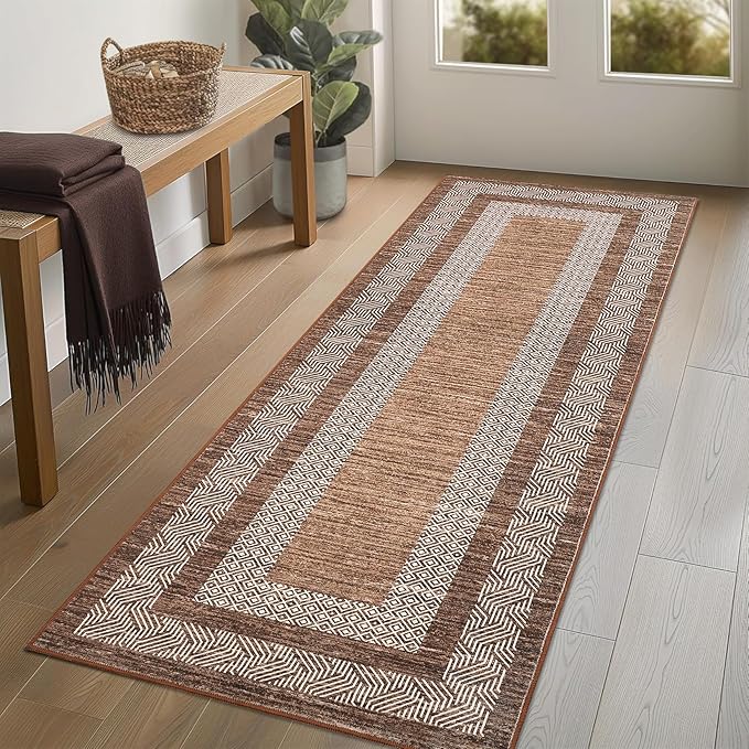 Washable 2.5x10 Kitchen Runner Rug, Easy Clean Geometri Rugs for Hallway Entryway, Indoor Outdoor Non Slip Rug Farmhouse Morden Carpet Door Mat Area Rug for Laundry Room Dark Brown