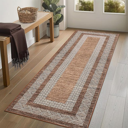 Washable 2.5x10 Kitchen Runner Rug, Easy Clean Geometri Rugs for Hallway Entryway, Indoor Outdoor Non Slip Rug Farmhouse Morden Carpet Door Mat Area Rug for Laundry Room Dark Brown
