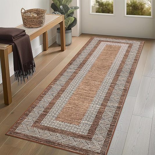 Washable 2.5x10 Kitchen Runner Rug, Easy Clean Geometri Rugs for Hallway Entryway, Indoor Outdoor Non Slip Rug Farmhouse Morden Carpet Door Mat Area Rug for Laundry Room Dark Brown