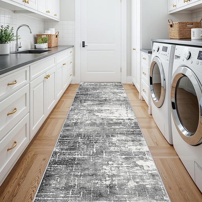 Abstract 14ft Long Runner Rug: Non-Slip Washable Rug Runner Low-Pile Soft Beside Carpet Indoor Farmhouse Entryway Floor Mat Bathroom Living Room Cozy Stain Resistant Area Rugs(2'6x14,Black/Grey)