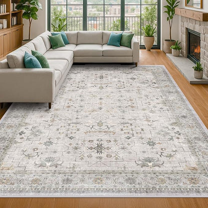 Hazo Haus Boho Light Grey Living Room Rug 7x10 - Modern Vintage Eclectic Floral Pastel Neutral Taupe, Washable Low Pile Non-Slip Large Area Rugs for Dining Under Table Bedroom Lounge
