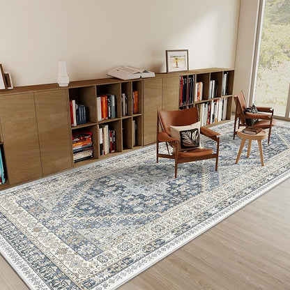 3x8 Runner Rug Non Slip Washable for Entryway, Front Porch, Vintage Hallway Runner for Laundry Room, Bedroom, Stain Resistant Thin Indoor Kitchen Mats for Floor(Blue/Beige,3'x8')