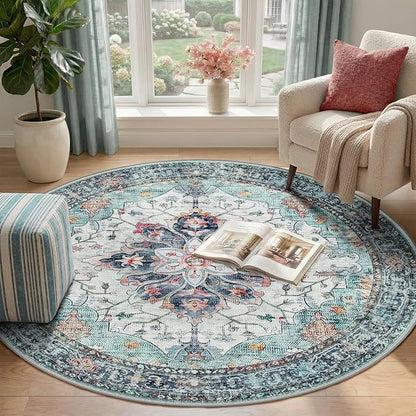 RELEANY Area Rugs 4ft Washable Non-Slip, Floral Vintage Distress Print Pattern Medallion Carpet for Living Room Bedroom Dining Room, Green Navy Blue White Red Teal Colorful