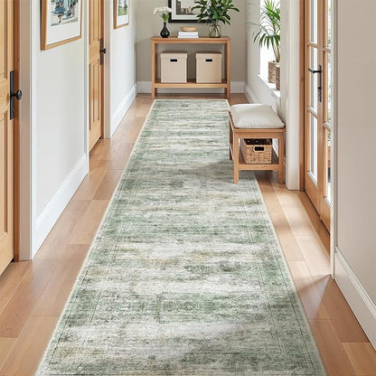 Long Rugs Runner - Washable Runner Rugs for Hallway 2x10, Ultra-Thin Soft Kitchen Carpet Runner, Anti Slip Backing Runner Rugs for Entrance, Bedroom, Living Room(2'x10', Green/Yellow/Ivory)