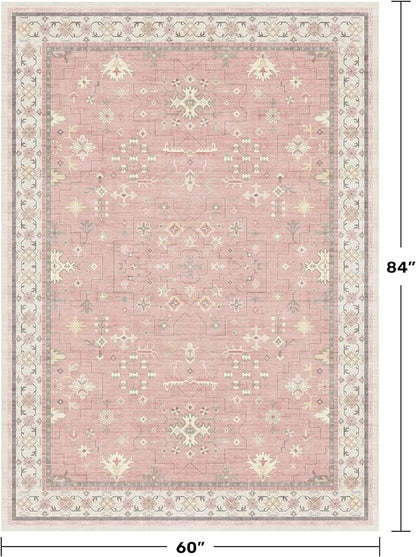 Blush Pink Girls Rugs for Bedroom - Nursery Floral Area Rug 5x7, Machine Washable Non Slip Kids Playroom Play Mat, Vintage Thin Low Pile Carpet for Living Room, Dorm