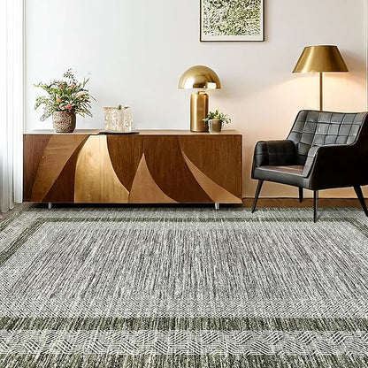 GarveeHome Modern Geometric Area Rug 5x7 Distressed Bordered Rug Washable Non Slip Floor Carpet Non Shedding Thin Rug, Soft Low Pile Rug, Contemporary Green Rug for Dining Room, Living Room