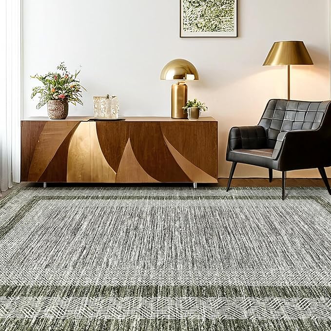 GarveeHome Small Bedroom Area Rug 3x5 Bordered Area Rug for Living Room Nursery Non Slip Kitchen Throw Carpet Low Pile Modern Rugs Washable Bathroom Mat Soft Green Rugs for Laundry Entryway