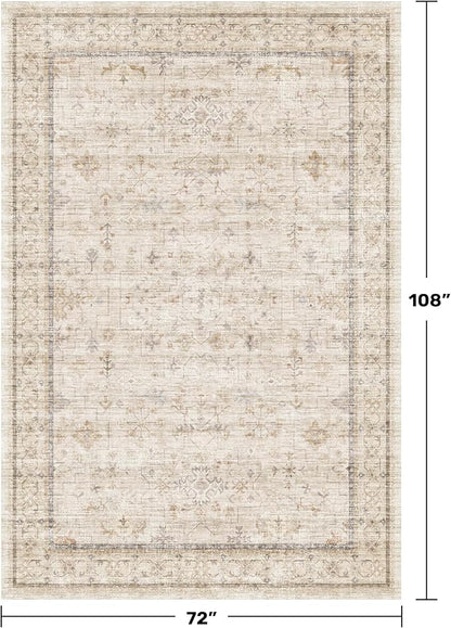 Washable Ivory 6x9 Living Room Rug, Non Slip Dinning Rugs for Under Table, Low Pile Neutral Farmhouse Retro Foldable Carpet for Bedroom, Office
