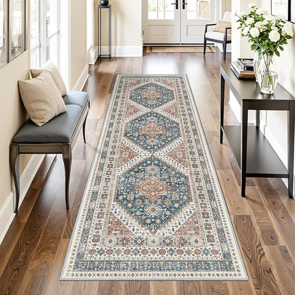 Kitchen Runner Rug Non Slip Washable 2.5x8, Soft Low Pile Entryway Rug Runners for Hallways,Carpet Runner for Living Room,Kitchen, Laundry, Bathroom(Blue/Red,2.5'x8')