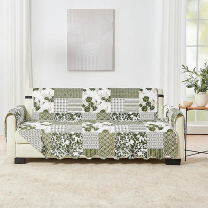Great Bay Home Reversible Patchwork Sofa Cover - Washable Slipcover Furniture Protector with Elastic Straps - Perfect for Kids & Pets - Box-Stitched Detail (Olive/Brown)