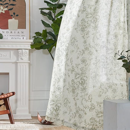 jinchan Pinch Pleated Curtains Floral Linen Blend Curtains for Living Room 96 Inches Length Green Peony Flower Printed Curtain Rod Pocket Back Tab Farmhouse Drapes with Hooks Set 2 Panels