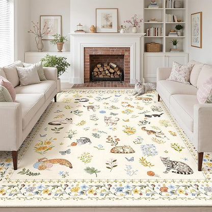Cat 9x12 Area Rugs for Living Room, Machine Washable Animal Floral Vintage Rug Non-Slip Low Pile Soft Throw Large Rugs for Bedroom Dining Room Kitchen Nursery Playroom (9 x 12,Beige)