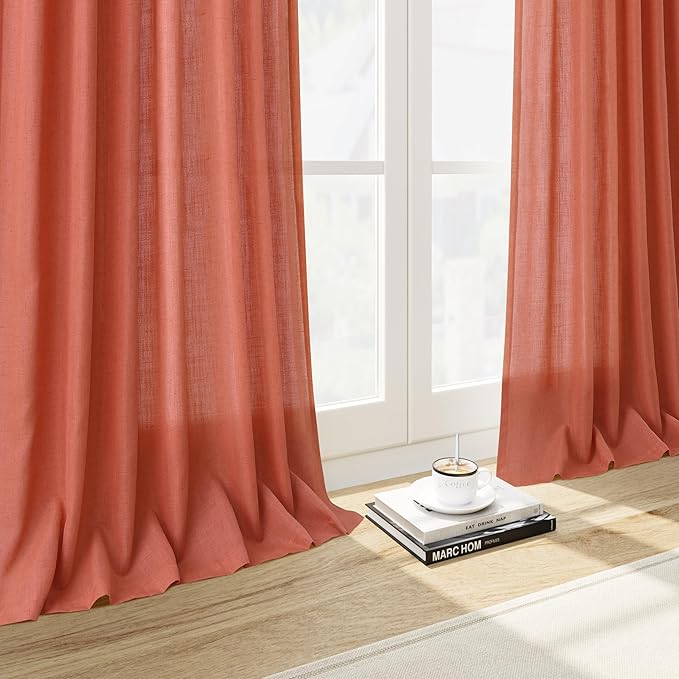Coral Linen 96 Inch Length Curtains Panels 2 Panel Set Back Tab Rod Pocket Textured Sheer Light Filtering Boho Aesthetic Room Decor Burlap Drapes for Bedroom and Living Room Curtain 8Ft 52x96 Inch