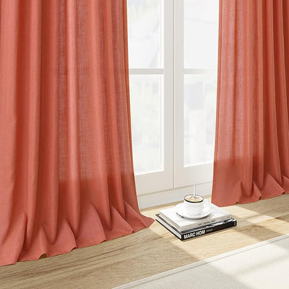 Nanspring Coral Linen Curtains 120 Inches Long 2 Panels Set Back Tab Loop Pocket Light Filtering Semi Sheer Boho Large Window Decor Extra Long Drapes for High Ceiling Living Room 52x120