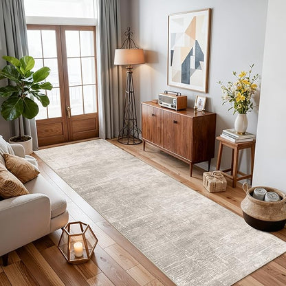 Abstract 2x10 Kitchen Rug Runners - Washable 10ft Hardwood Sink Rugs Non-Slip Hallway Entryway Area Rug Soft Floor Mat Indoor Farmhouse Carpet for Bathroom Living Room Bedroom (2 X 10,Beige/Cream)