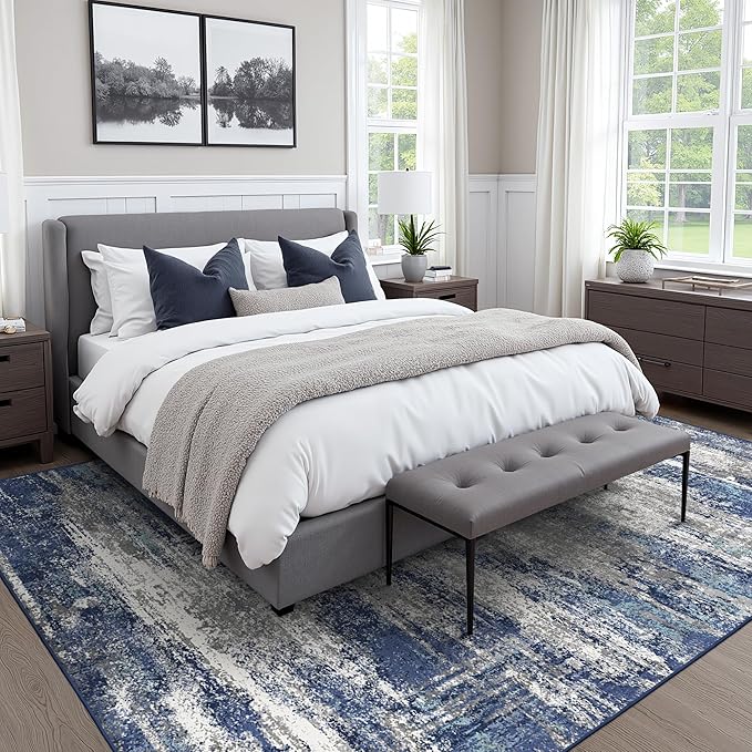 BEIMO Area Rugs 8x10 for Living Room Bedroom, Modern Abstract Machine Washable Rug, Large Soft Low Pile Floor Cover with Non Slip Backing for Dining Room, Navy Blue Gray