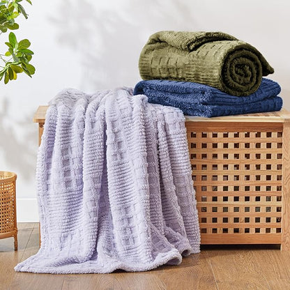 EXQ Home Fleece Throw Blanket for Couch or Bed - 3D Waffle Patchwork Pattern Jacquard Decorative Blankets - Cozy Soft Lightweight Fuzzy Flannel Blanket Suitable for All Seasons(50"×60",Dark Blue)
