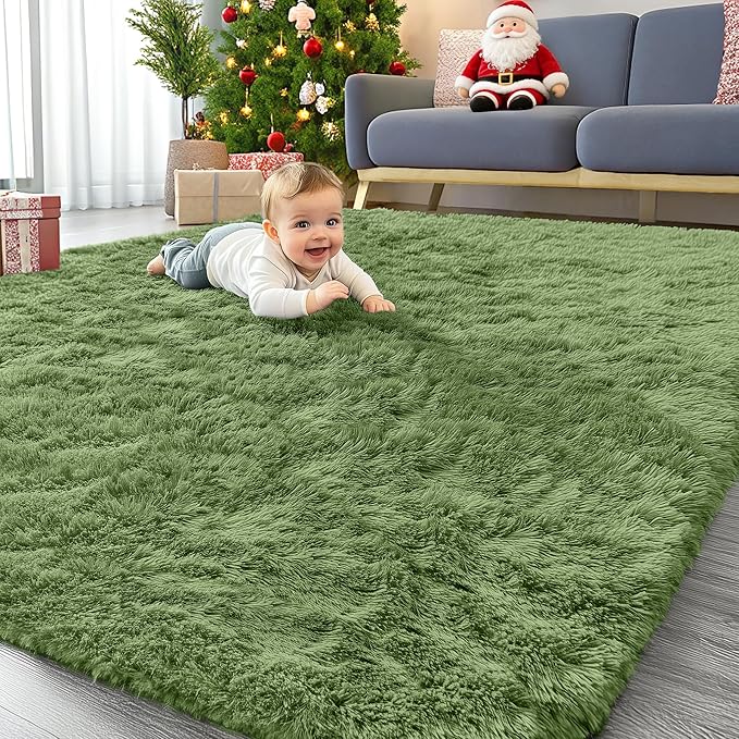 OLANLY 5x7 Machine Washable Large Area Rugs for Living Room, Bedroom, Soft Fluffy Shaggy Bedside Rug, Indoor Floor Carpet for Kids Girls and Boys, Dorms, Nursery, Home Decor Aesthetic, Green