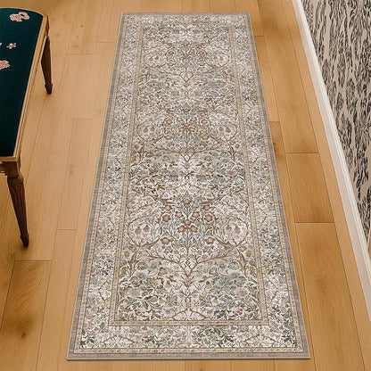 Hazo Haus Non Slip 2x7 Moss Green Hallway Runner - Long Runner Rugs for Bathroom, Washable Kitchen Floor Mat, Bedroom Bedside - Brown Earthy Vintage Floral Décor