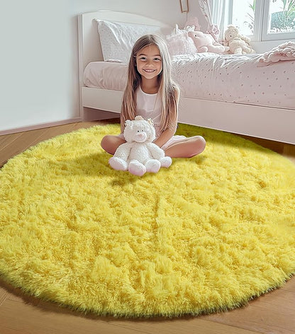 ONASAR Yellow Round Rugs 5ft for Bedroom Living Room, Fluffy Circle Area Rug for Kids Girls Boys Teen, Soft Plush Shaggy Carpet for Nursery Dorm Classroom Playroom Home Decor Aesthetic