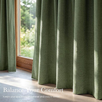 NICETOWN 100% Absolutely Blackout Linen Curtains for Bedroom Living Room, Dark Green, 52" Wide, 2 Pieces, Privacy Thermal Insulated Window Drapes 84" Long for Home Theater Enthusiasts or Gamers