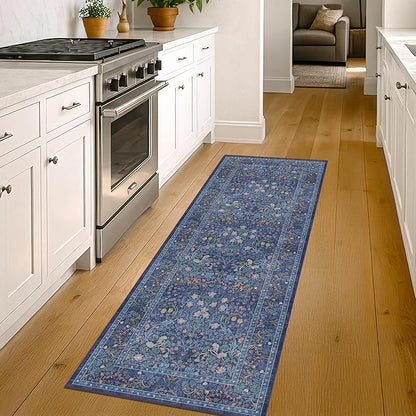 Non Slip Dark Blue 2x5 Runner Rug - Washable Small Throw Rugs for Kitchen, Entryway, Bathroom, Bedroom, Laundry Room, Hallway, Dusky Navy Vintage Oriental Décor