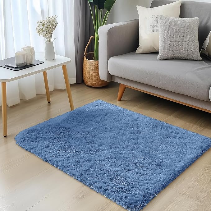 OLANLY 3x5 Machine Washable Small Bedside Rug, Soft Fluffy Shaggy Rugs for Living Room, Bedroom, Indoor Floor Carpet for Kids Girls and Boys, Preppy Dorms, Nursery, Home Decor Aesthetic, Blue