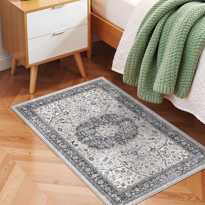 Washable 2x3 Entryway Area Rug: Vintage Soft Thin Door Mat with Non Slip Backing Water Resistant Carpet for Bedroom Low Pile Floor Mat for Kitchen Bathroom Laundry Easy Clean Rug for Family(2x3,Grey)