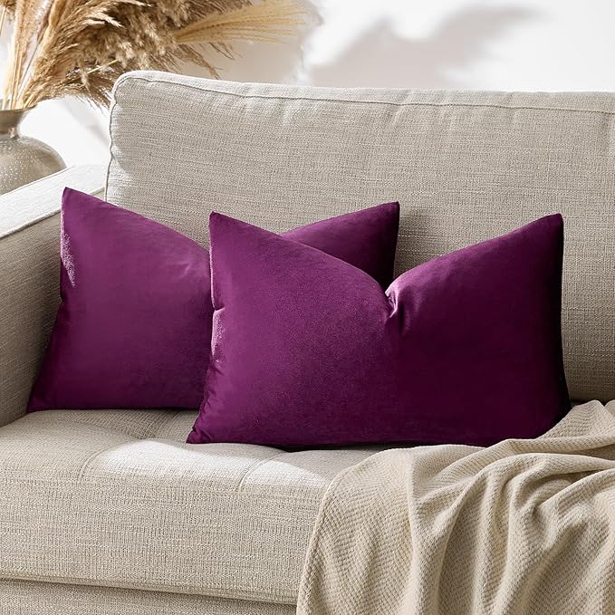 GIGIZAZA Purple 12x20 Lumbar Velvet Decorative Throw Pillow Covers for Sofa Bed 2 Pack Soft Cushion Cover