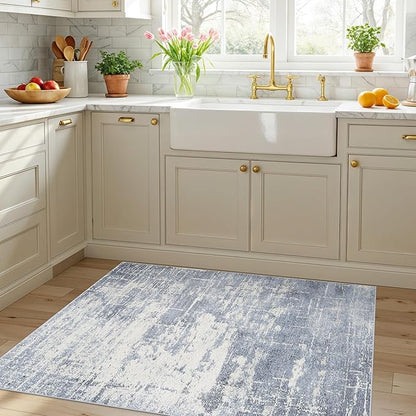 Washable 3x4 Kitchen Area Rugs: Abstract Stain-Resistant Sink Rug Non-Slip Durable Doormat Soft Bedroom Nursery Besides Carpets Indoor Water-Resistant Bathroom Floor Mat for Family(3x4,Blue/Ivory)