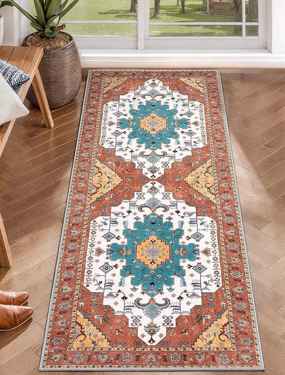 SERISSA Boho Washable Runner Rug, 2x5 Rug Non-Slip Vintage Orange Hallway Kitchen Runner Rug Ultra Soft Print Distressed Floor Carpet for Bedroom Bathroom Laundry Living Room