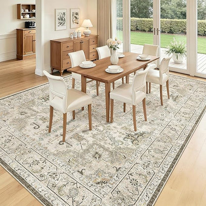 Madane Washable Rug 8x10 Area Rugs for Living Room, Ultra-Thin Non-Slip Backing Rug, Stain Resistant Vintage Large Area Rug for Bedroom (Ivory/Brown, 8'x10')