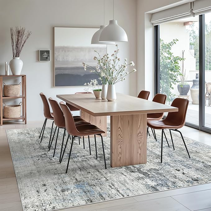 Abstract Rug 8x10 Large Living Room Rugs Neutral Modern Washable Area Rugs for Bedroom Dining Room Non-Slip Stain Resistant Foldable Thin Rug Gray Blue