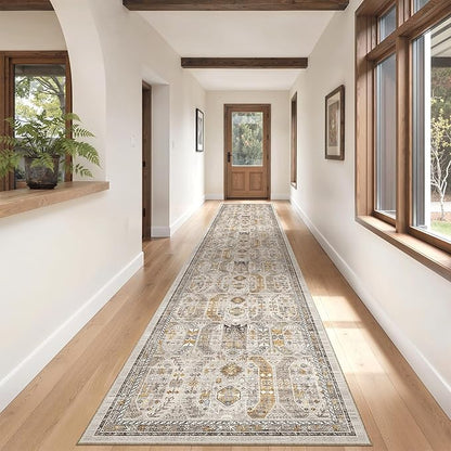 Madane Hallway Runner Rug 2'6''x14' Kitchen Runner, Non Slip Vintage Runners for Hallways Washable Kitchen Rugs Soft Low Pile 2.5x14 ft Rug Runner for Laundry Room, Entryway and Bedroom, Brown/Gold