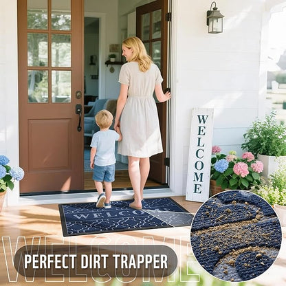 Yimobra Welcome Mat Outdoor Indoor, All-Season Waterproof Front Door Mat Outside Entrance, All-Weather Heavy Duty Non-Slip Doormat, Low Profile Porch Patio Entrance Mats, 47x32, Blue