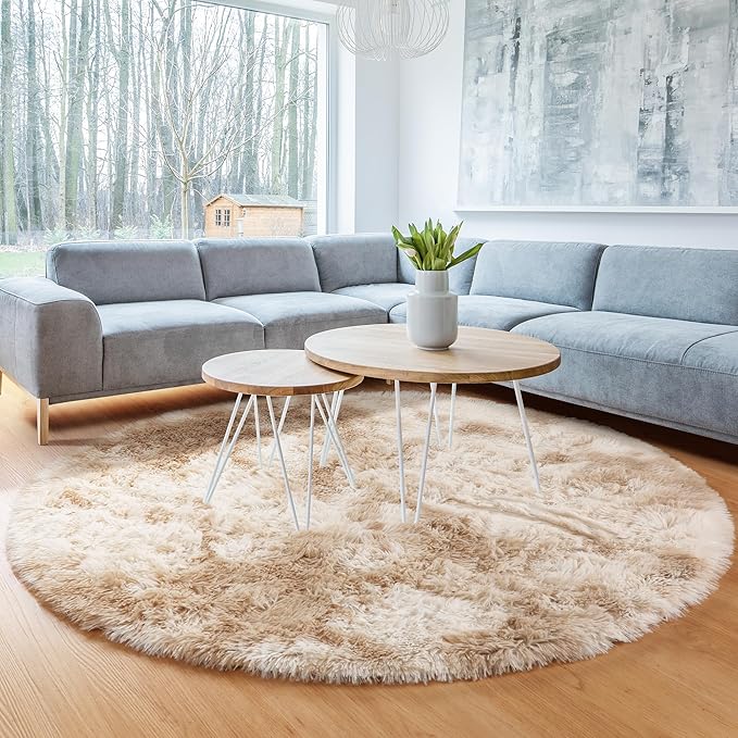 ONASAR Tie-Dye Beige Round Area Rugs 5ft, Soft Bedroom Circle Rug Floor Mats for Kids Girls Teen Room, Kawaii Fluffy Plush Shaggy Carpet for Baby Nursery Living Room Playroom Home Decor