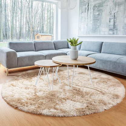 ONASAR Tie-Dye Beige Round Area Rugs 5ft, Soft Bedroom Circle Rug Floor Mats for Kids Girls Teen Room, Kawaii Fluffy Plush Shaggy Carpet for Baby Nursery Living Room Playroom Home Decor
