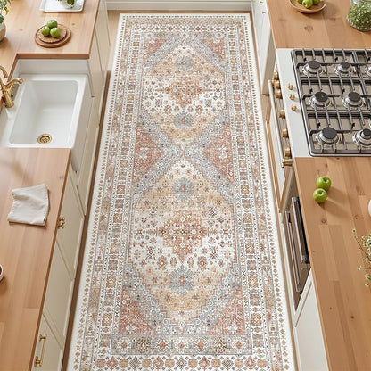 4x10 Runner Rug, Washable Hallway Runner Rug with Non-Slip Backing, Low Pile Wide Runner for Living Room, Entryway, Kitchen, Soft Vintage Home Decor Mat for Dining Room(Orange,4'x10')