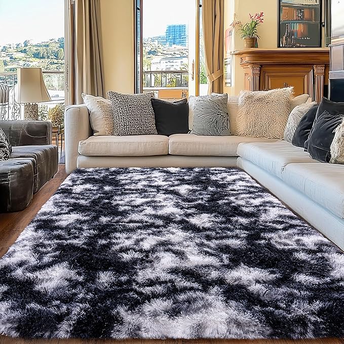 Rugs for Living Room 10x14, Soft Shaggy Modern Shag Area Rug for Bedroom, Upgrade Non-Slip Plush Fluffy Carpet for Kids Boys Girls Room Home Decor Aesthetic,Black and White